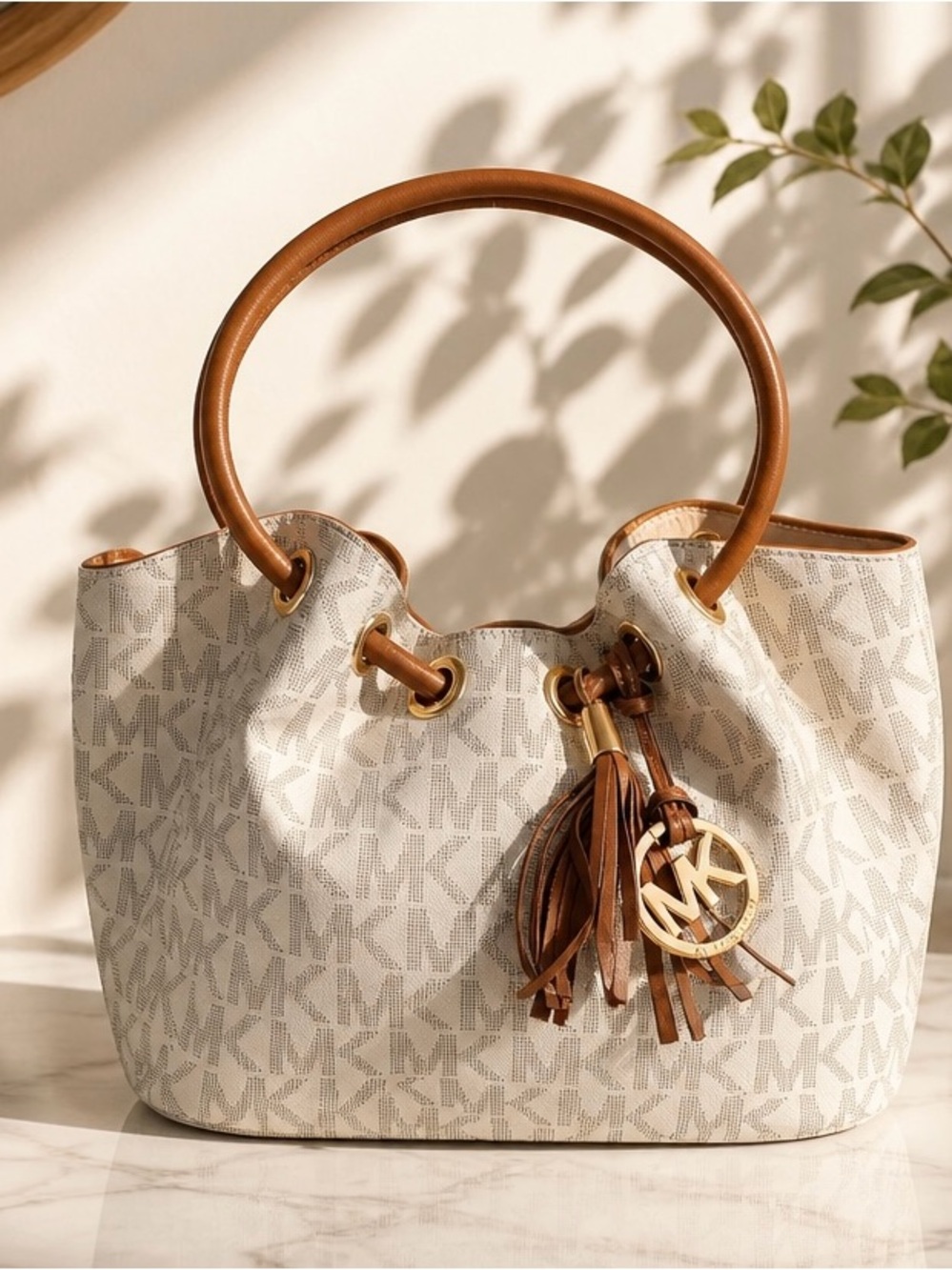 Michael Kors Shoulder Bag Womens Large Cream Tan Monogram Tassel Drawstring